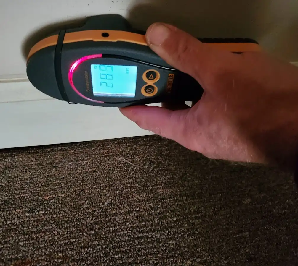 Moisture detection at baseboard during Storm Damage Restoration in Minnetrista
